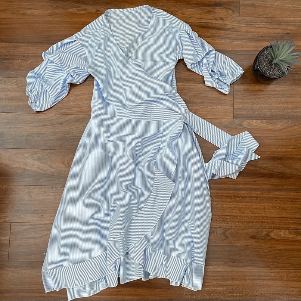 Blue and white striped wrap dress